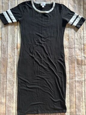 LuLaRoe Black Midi Dress with White Trim and Sleeve Stripes